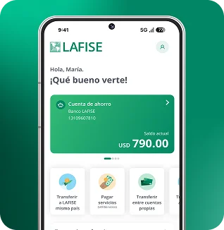 Pantalla de Bancanet de LAFISE mostrando saldos de cuenta o tarjeta, y opciones rápidas para realizar transferencias.
