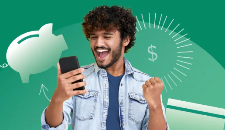 Hombre feliz con celular en mano celebrando el control de sus finanzas