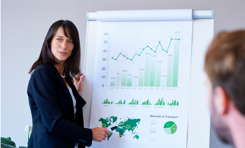 Mujer empresaria explicando el crecimento de su inversión