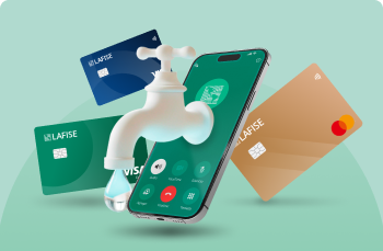 Pago de servicio básico por medio de telepagos rodeado de tarjetas de crédito y débito LAFISE