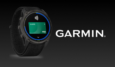 Imagen de reloj inteligente Garmin con pantall activa mostrando tarjeta digital LAFISE para pagos sin contacto