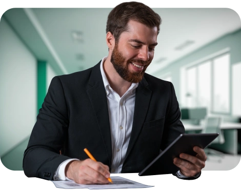 Ejecutivo sonriendo mientras conoce los beneficios de Mi Salario LAFISE