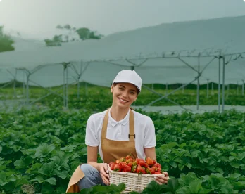 Mujer agricultora sosteniendo una canasta de fresas