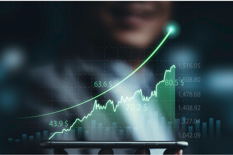 Gráfico en crecimiento de inversión en puesto de bolsa
