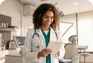  Mujer médico con bata blanca sujeta tablet buscando un leasing para equipo médico.