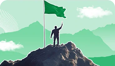 Ilustración de un hombre en la cima de una montaña simulando el éxito empresarial.