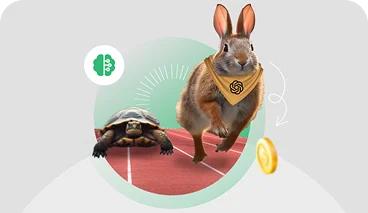 Ilustración de una liebre y una tortuga en una pista de carrera haciendo referencia al avance de la IA.