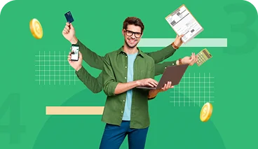 Ilustración de un hombre con cuatro brazos sosteniendo con cada brazo un artículo de oficina.