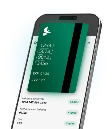 Celular con vista de la tarjeta de débito virtual en LAFISE Digital