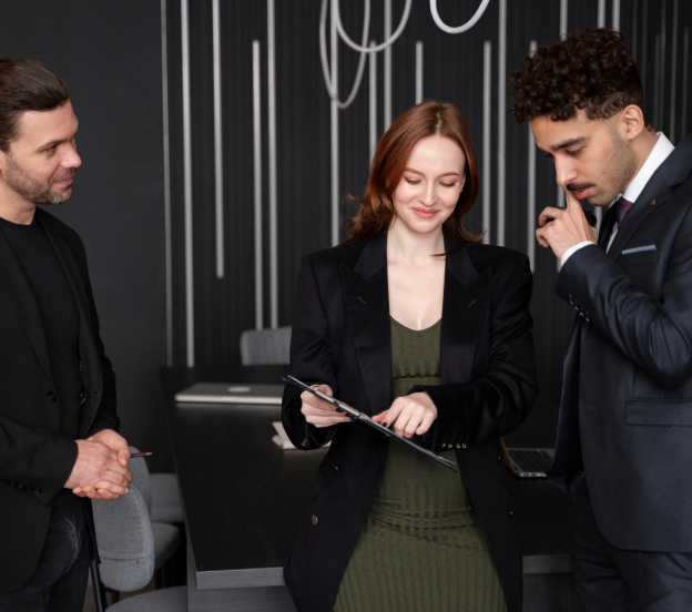 Empresarios revisando condiciones preferenciales de préstamo