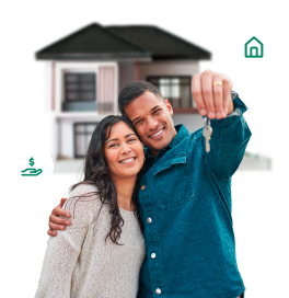 Pareja contenta mostrando las llaves de su casa nueva con el financiamiento de Banco Lafise.